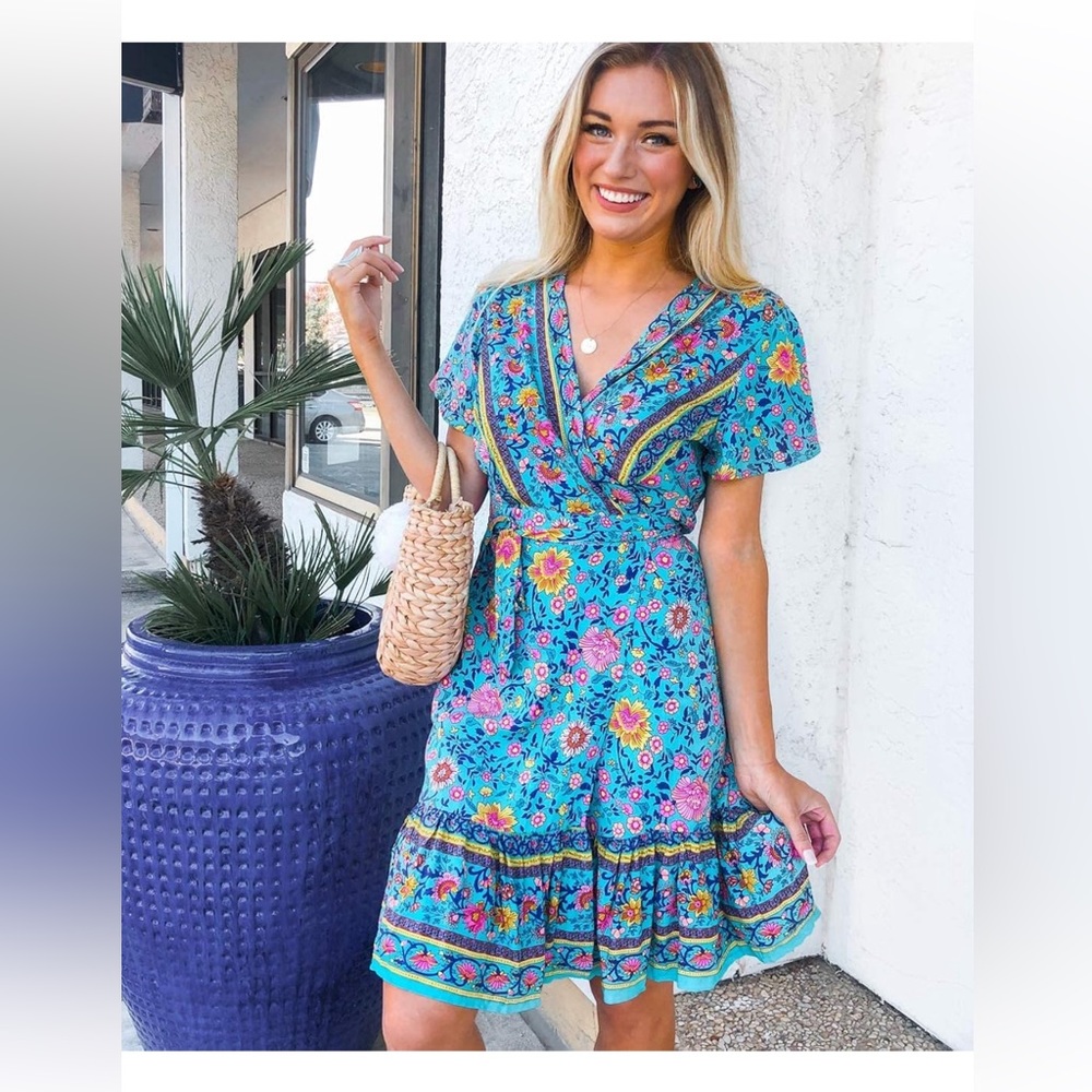 Zesika Women’s Summer Wrap Bohemian Floral Print Beach Mini Dress Size Small